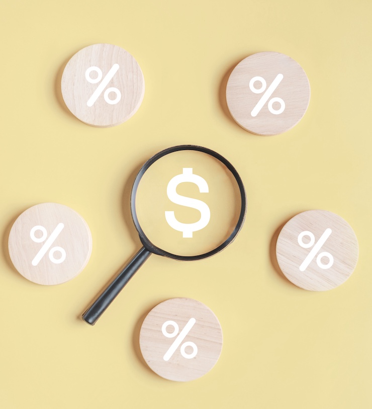 Put Magnifier Between Percent Marks On Wooden With Arrow Up, The Concept Of Choice Without People.